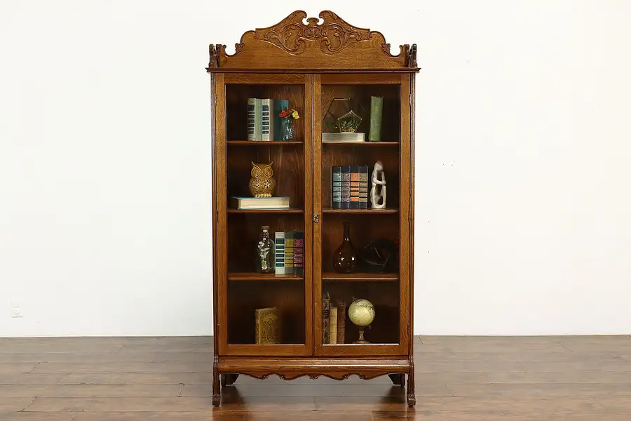 Main image of Victorian Antique Carved Oak Office or Library Bookcase, Wavy Glass Doors