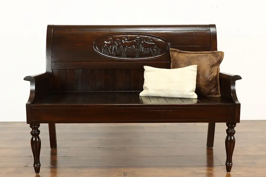 Main image of Farmhouse Vintage Carved Mahogany Hall Bench, Carved Hunting Dogs