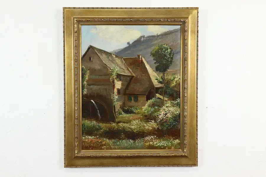 Main image of Millhouse & Water Wheel Antique German Original Oil Painting, John 25"