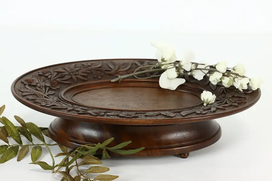 Main image of Victorian Antique Carved Oval Display Tray or Pedestal & Music Box