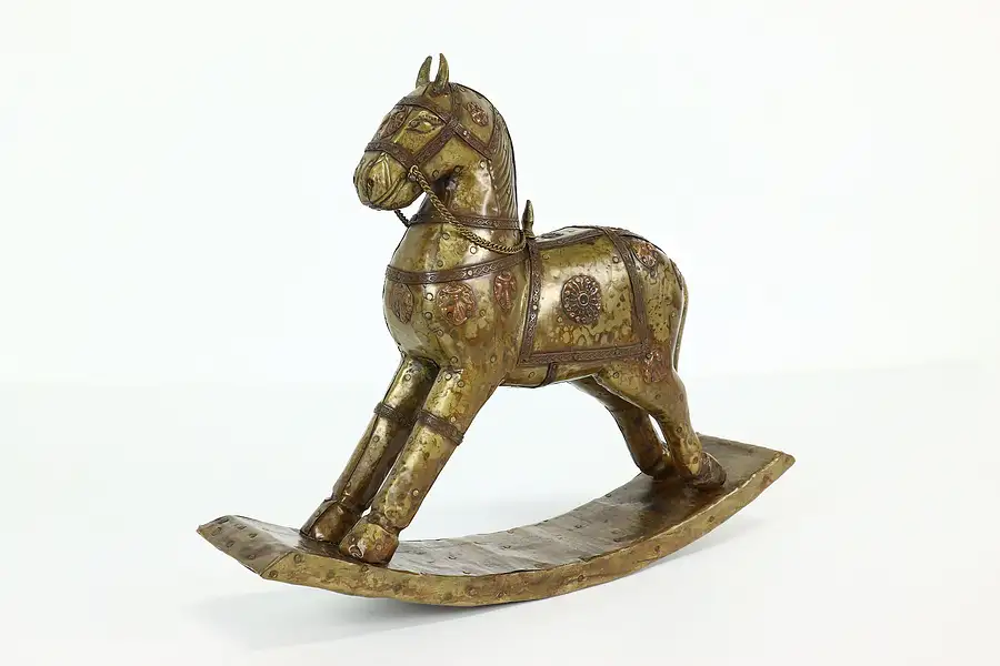 Main image of Asian Antique Brass & Copper Clad Rocking Horse Statue, Nepal