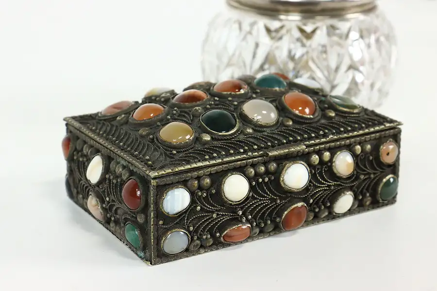 Main image of Folk Art Antique Silverplate Jewelry or Trinket Box Agate Cabochons