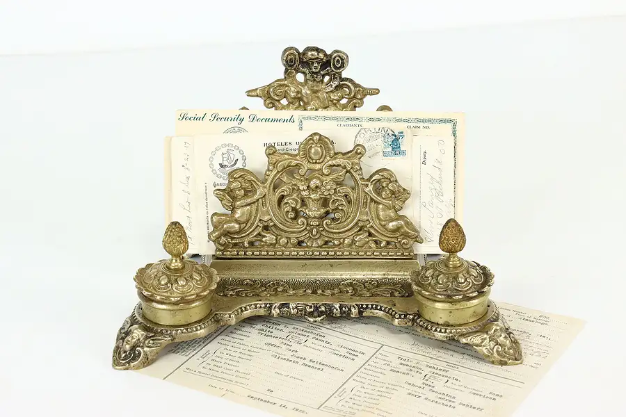 Main image of Classical Antique Brass Double Inkwell & Letter Holder, Cherubs or Angels