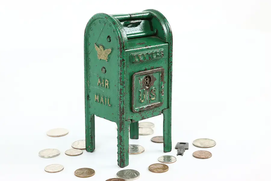 Main image of Cast Iron Antique US Air Mail Mailbox Coin Bank & Key