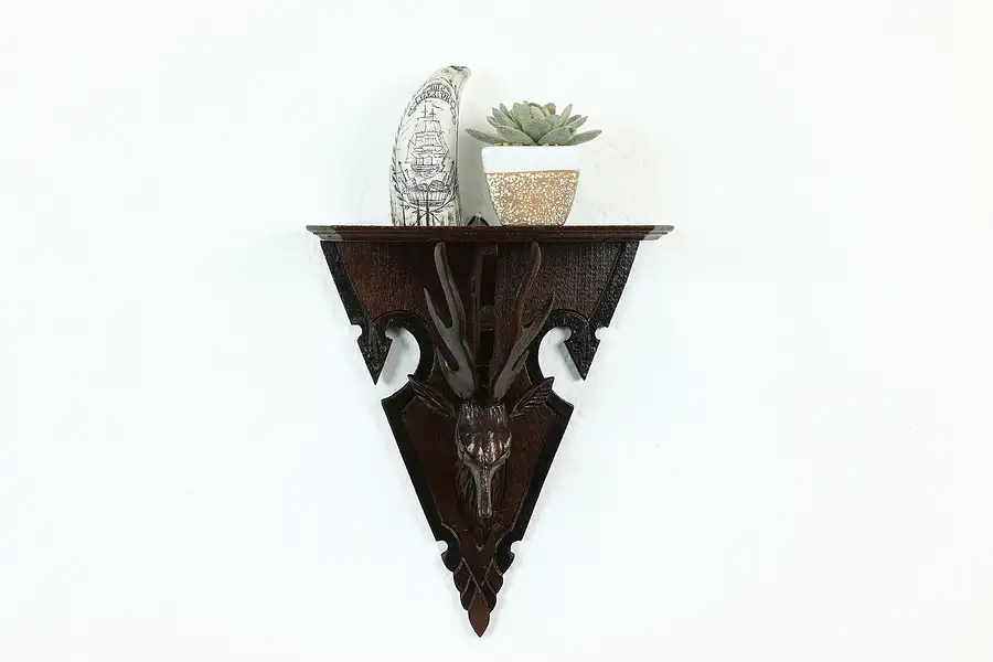 Main image of Black Forest Antique Walnut Wall Shelf, Stag Head Sculpture