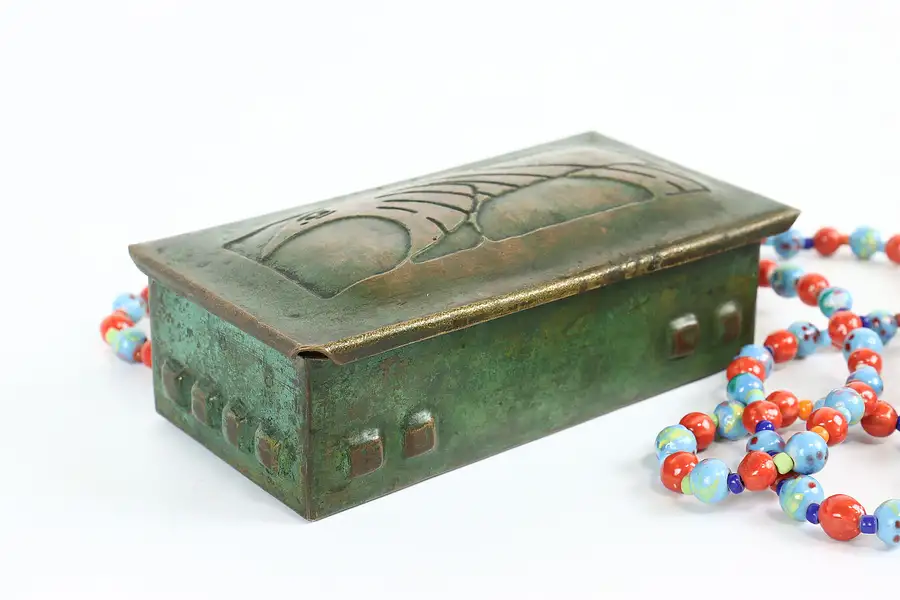 Main image of Arts & Crafts Antique Verdigris Hammered Brass Craftsman Jewelry Box