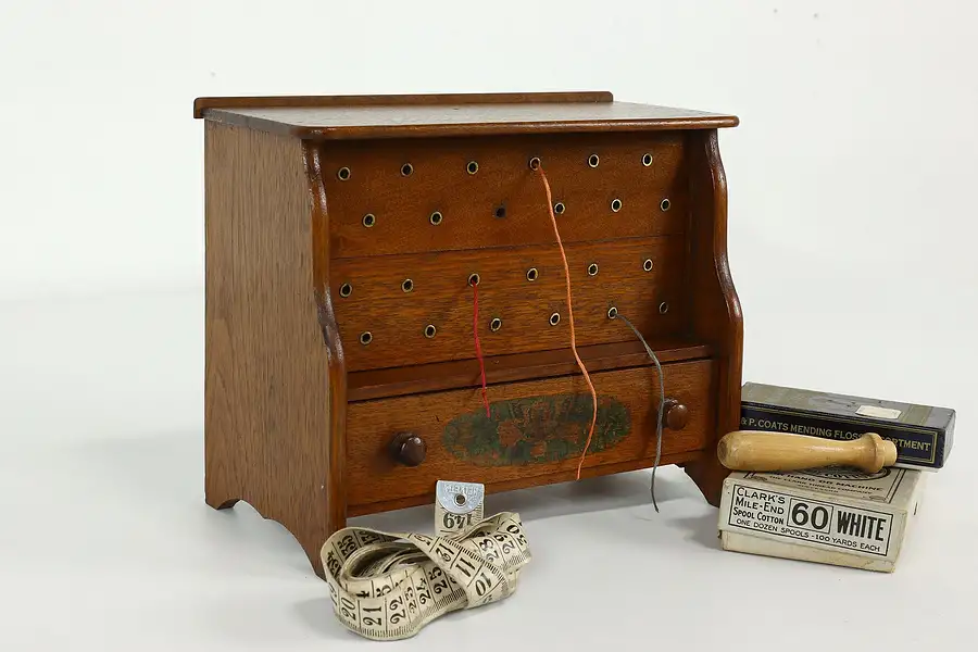 Main image of Victorian Antique Walnut Sewing Caddy, Thread Holes, Jewelry Drawer 1872