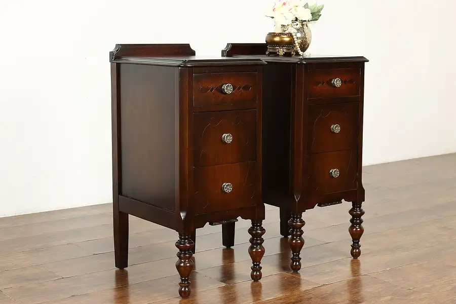 Main image of Pair of Vintage Tudor Style Walnut Nightstands, End or Lamp Tables