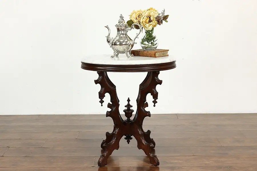 Main image of Victorian Antique Carved Walnut Oval Marble Top Parlor or Entryway Table