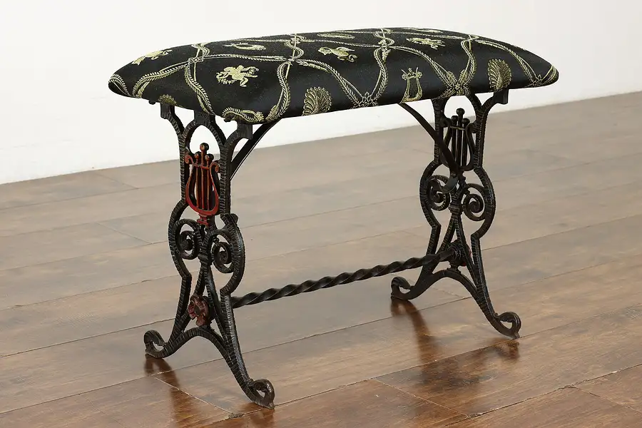 Main image of Victorian Antique Cast Iron Bench, New Upholstery, Lyre Motifs