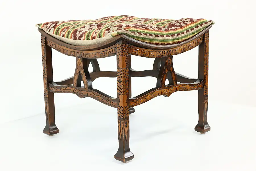 Main image of Arts & Crafts Antique Burnt Carved Stool or Bench, Needlepoint