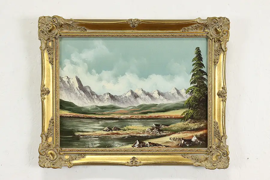 Main image of Mountain & Lake Landscape Vintage Original Oil Painting, Neuhold 19.5"