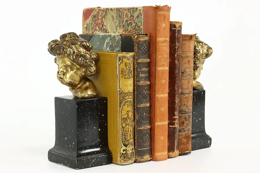 Main image of Pair of Vintage Cherub Head Figure Bookends, Faux Marble Bases