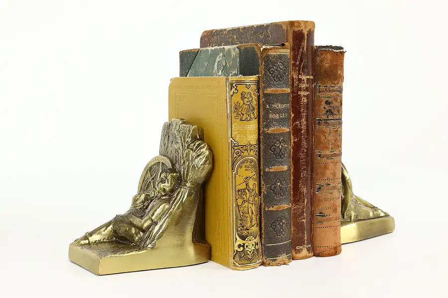 Main image of Pair of Vintage Farm Boy & Book Brass Finish Bookends