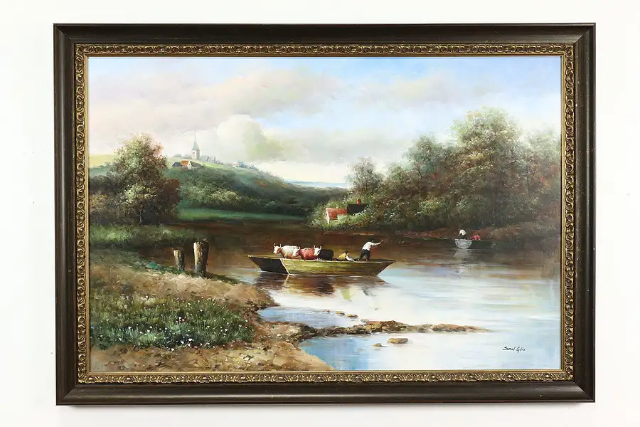 Main image of River Ferry with Cows Vintage Original Oil Painting, Giles 54"