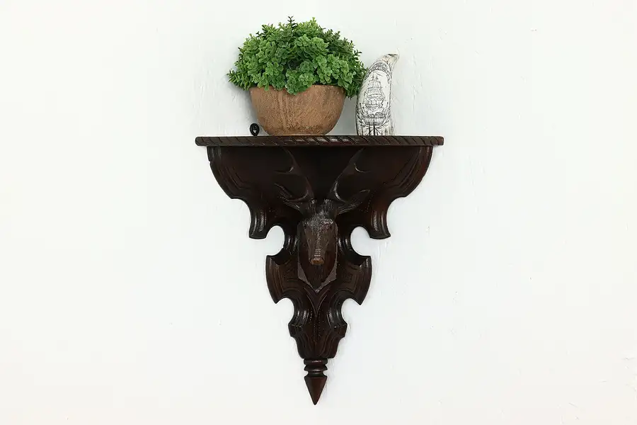 Main image of Victorian Antique Corner Wall Shelf, Carved Deer Head Sculpture