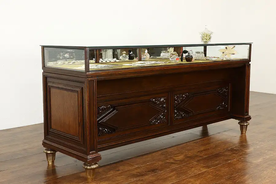 Main image of Oak Antique German Jewelry Display Showcase, Kitchen Island, Wine Table