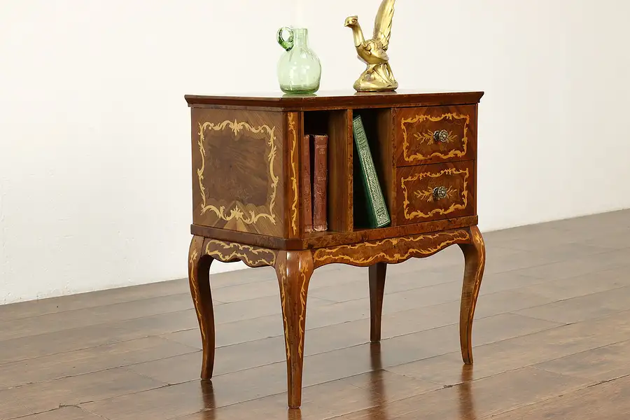 Main image of Italian Marquetry Vintage Walnut & Elm Burl Nightstand or End Table