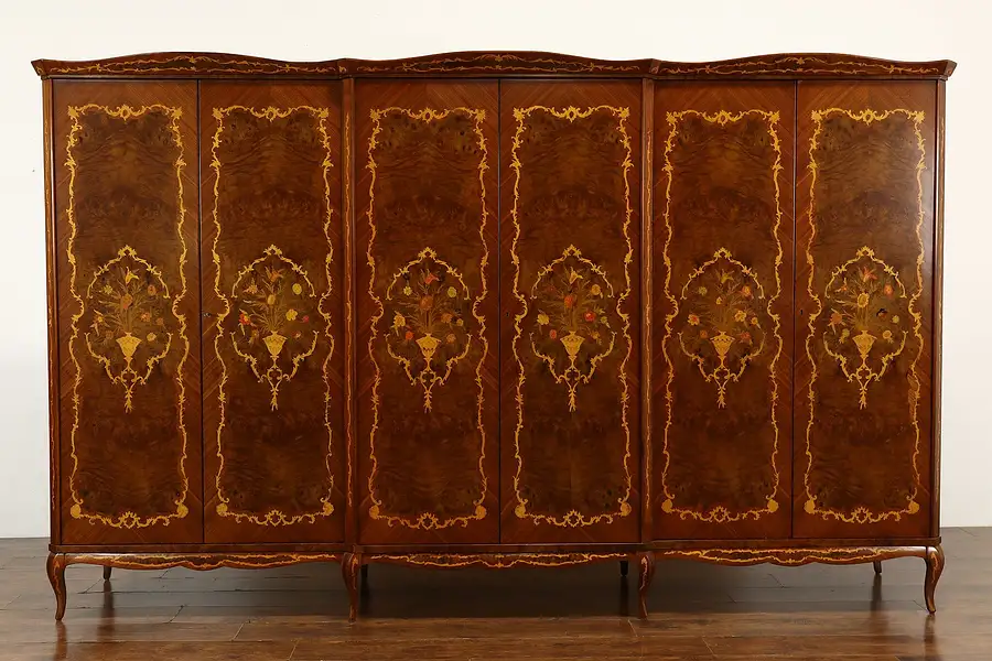 Main image of Italian Marquetry Vintage Walnut & Elm Burl Triple Armoire or Wardrobe