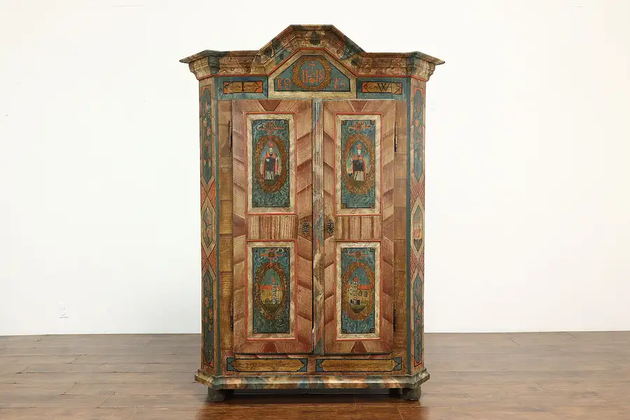 Main image of Bavarian German Antique 1815 Pine Hand Painted Armoire, Wardrobe, Closet