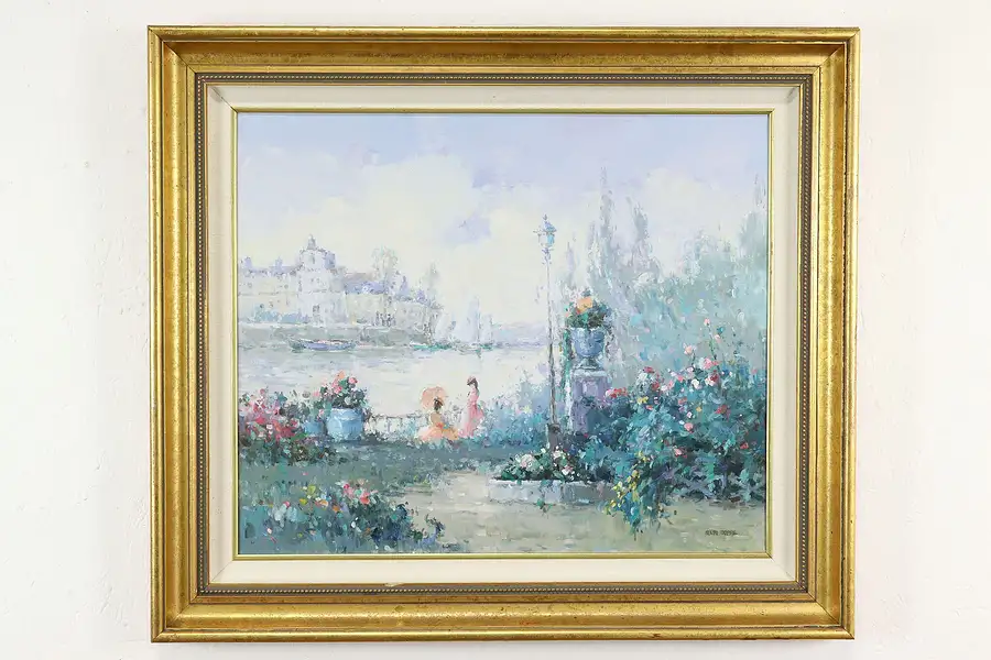 Main image of Riverside Garden & Distant City Vintage Original Oil Painting, Dupre 31"