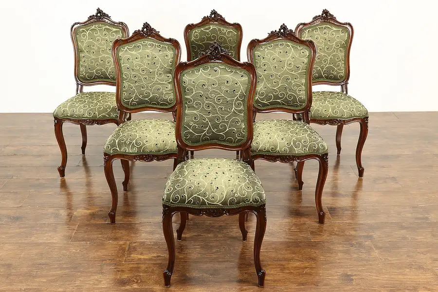 Main image of Set of 6 French Louis XV Antique Carved Walnut Dining Chairs, New Upholst