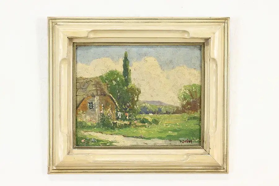 Main image of Summertime Cottage & Washing Antique Original Oil Painting, Brown 14.5"