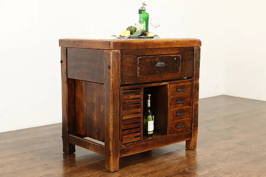 Main image of Farmhouse Industrial Antique Marble Top Printers Cabinet, Kitchen Island