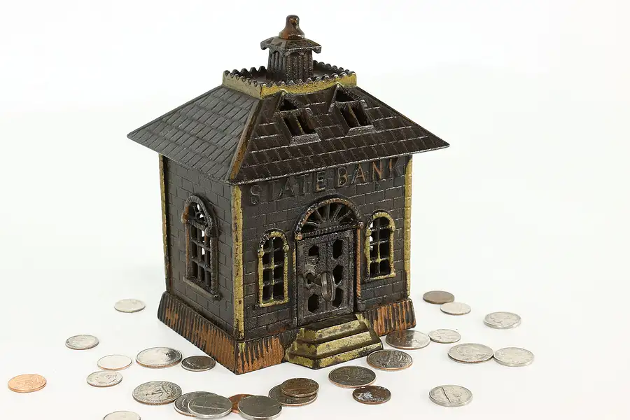 Main image of Victorian Cast Iron Antique State Bank Coin Bank, Lock & Key