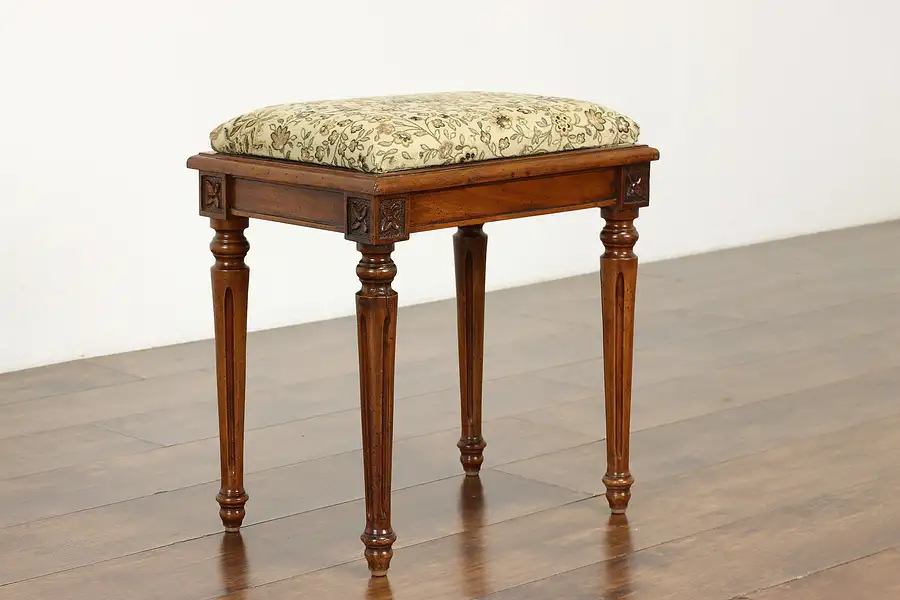 Main image of Traditional Antique Carved Walnut Bench or Footstool, New Upholstery