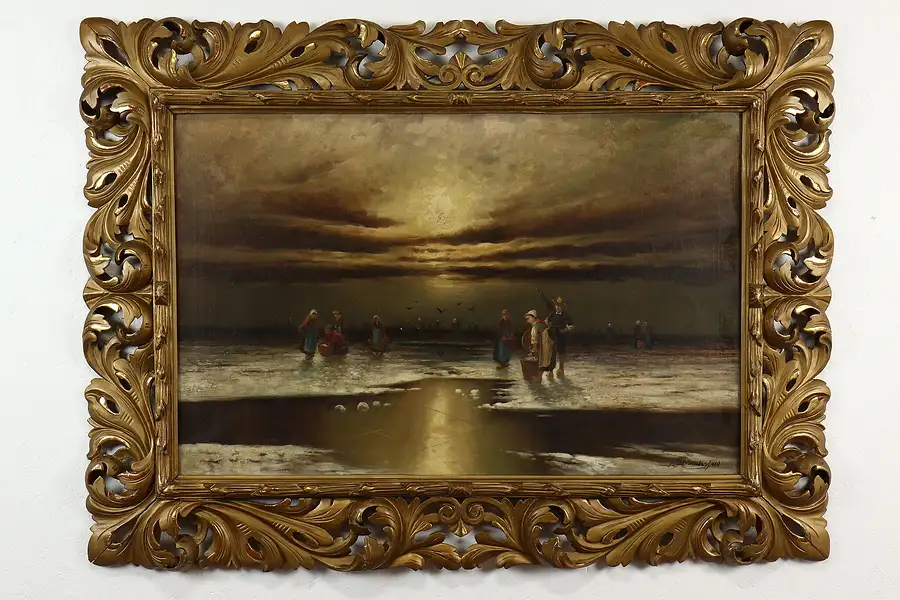 Main image of Clam Diggers at Low Tide Antique Original Oil Painting, Munsterfeld 54"