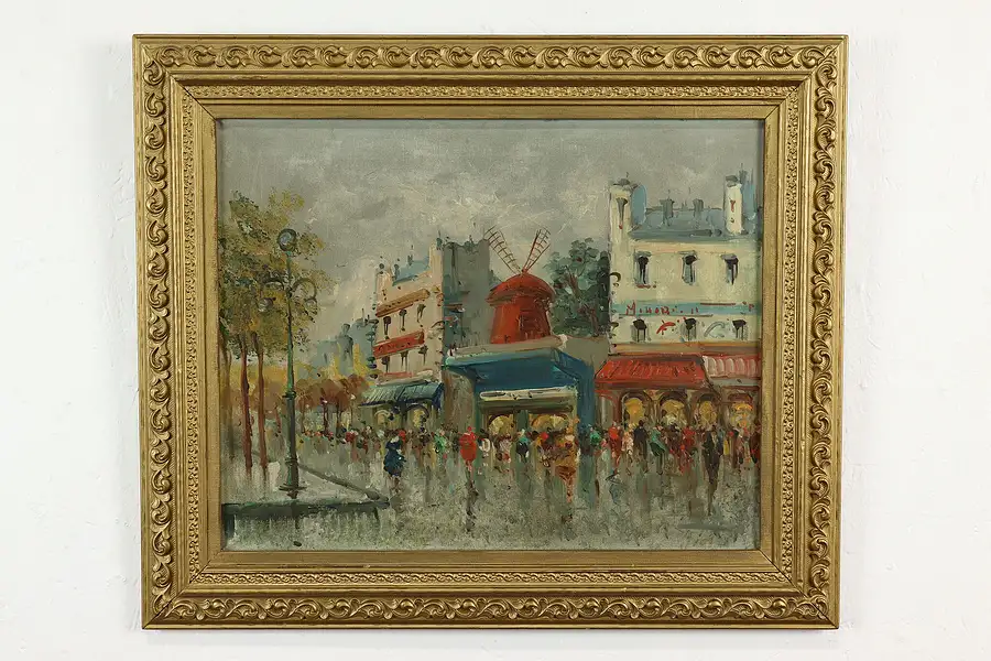 Main image of Moulin Rouge Night Club Paris Antique Original Oil Painting Signed 25.5"