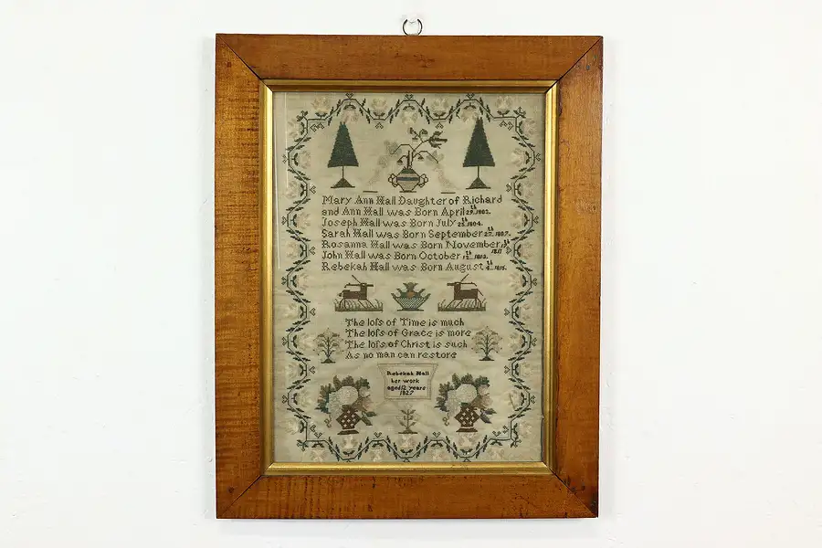 Main image of Child's Antique Hand Stitched Sampler in Frame, Signed Rebekah Hall 1827