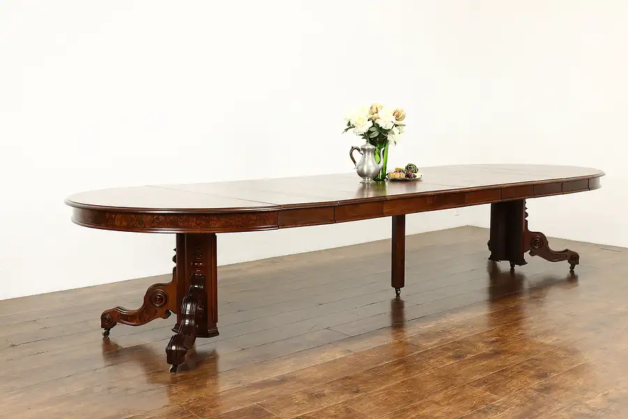 Main image of Victorian Eastlake Antique 53" Walnut Dining Table, 8 Leaves Extends 13'