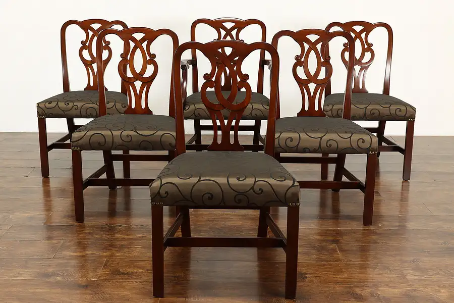 Main image of Set of 6 Vintage Mahogany Traditional Dining Chairs Baker, New Upholstery