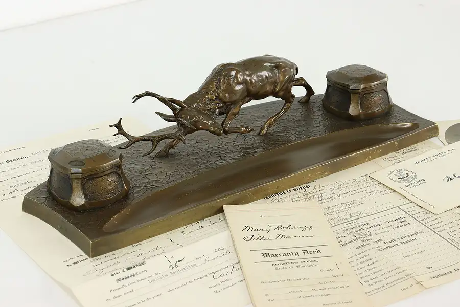 Main image of Farmhouse Bronze Antique Double Inkwell & Pen Holder, Stag Deer Sculpture