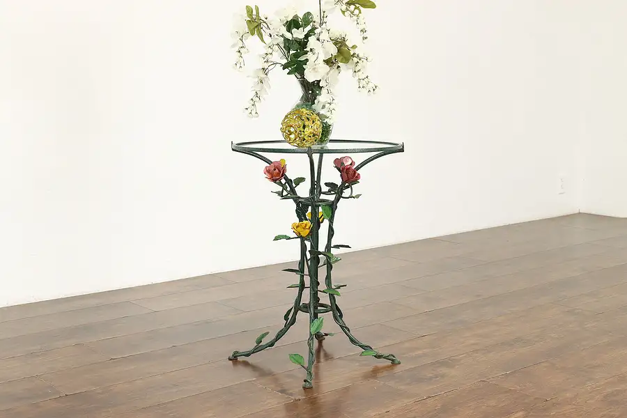 Main image of Wrought Iron Antique Italian Plant Stand or End Table Hand Painted Roses