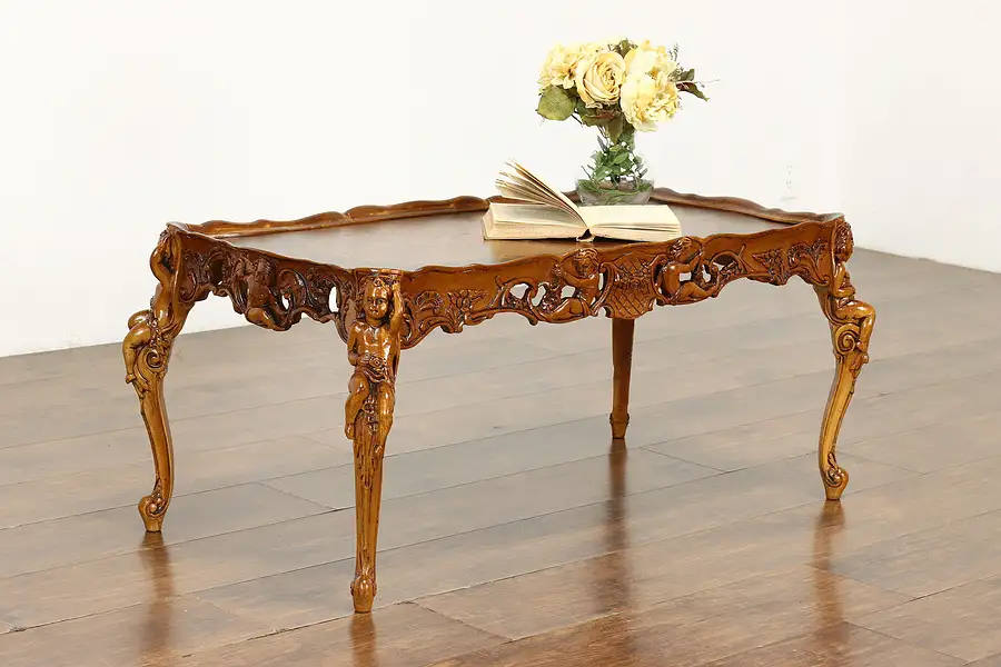 Main image of Inlaid Marquetry Vintage Coffee Cocktail Table, Carved Angels or Cherubs