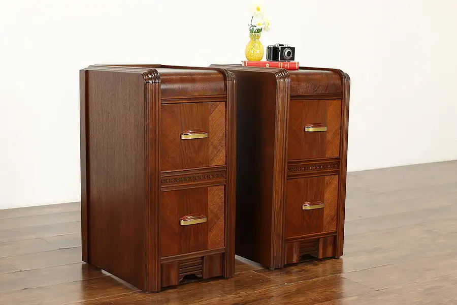 Main image of Pair of Art Deco Vintage Waterfall Nightstands End Tables, Bakelite Pulls