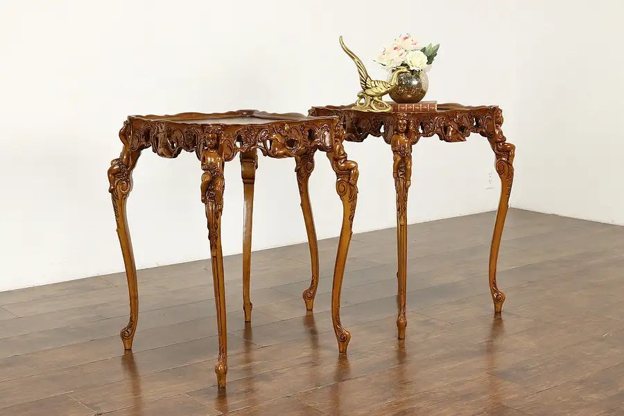 Main image of Pair of Vintage Inlaid Marquetry End Tables, Carved Angels or Cherubs