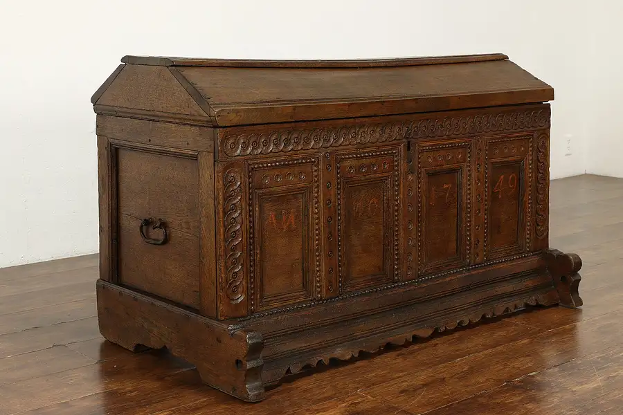 Main image of Renaissance Antique Carved Oak Dowry Trunk or Treasure Chest, Dated 1749