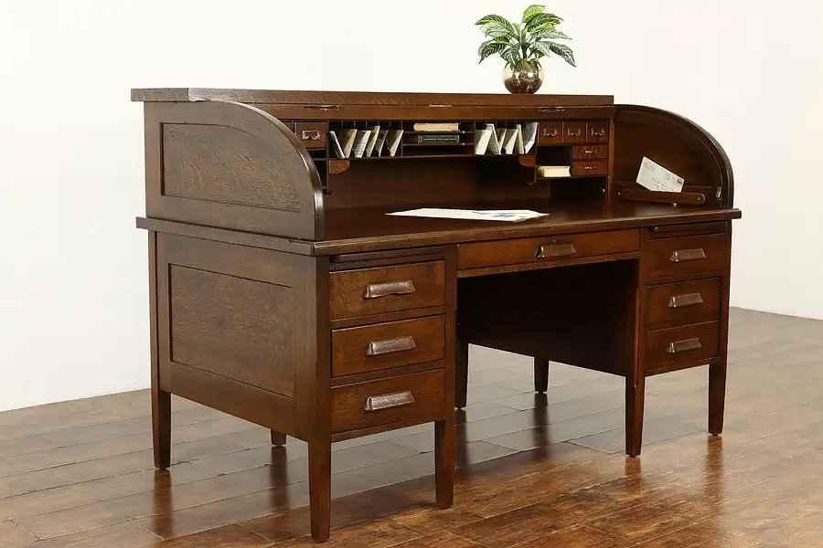 Main image of Traditional Antique Oak Roll Top Office or Library Desk, Derby Boston