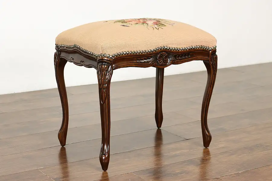 Main image of Country French Carved Fruitwood Vintage Bench, Stool, Floral Needlepoint