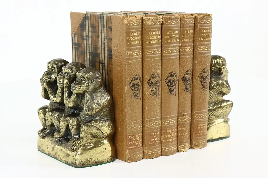 Main image of Pair of Antique Three Wise Monkeys Hear Speak See No Evil Bookends