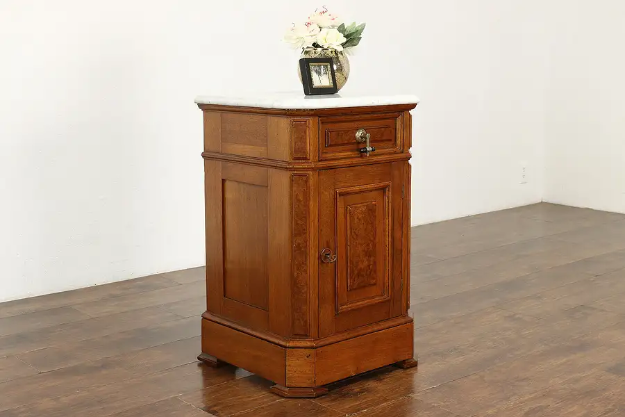 Main image of Victorian Antique Walnut & Burl Nightstand or Pedestal Cabinet Marble Top