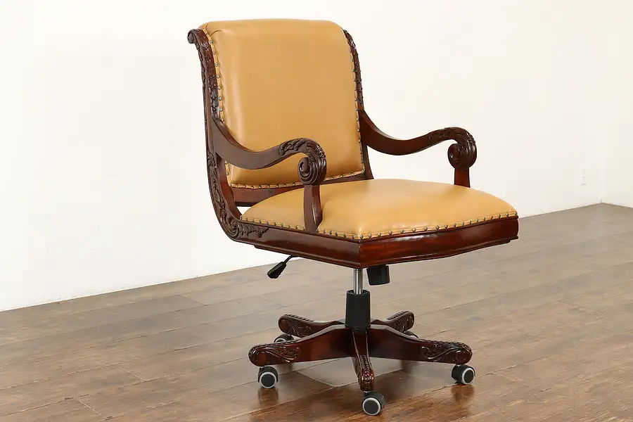 Main image of Vintage Leather Carved Swivel Office or Library Desk Chair Tall Size