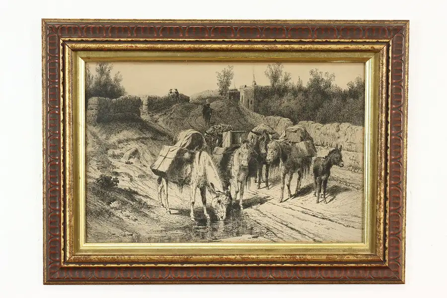 Main image of Pack Mules Resting Antique Etching Print, Moran 22.5"