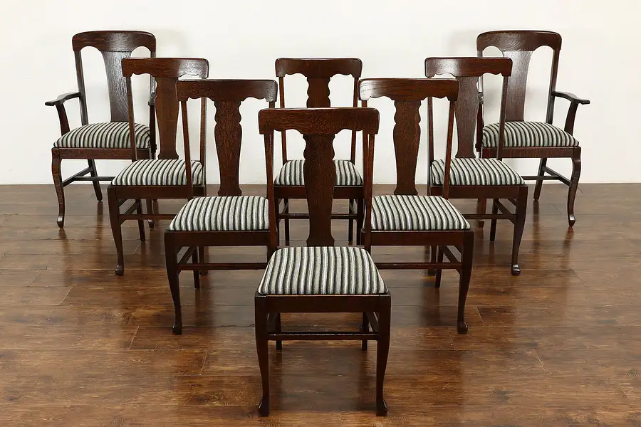 Main image of Set of 8 Arts & Crafts Mission Oak Antique Dining Chairs, New Upholstery