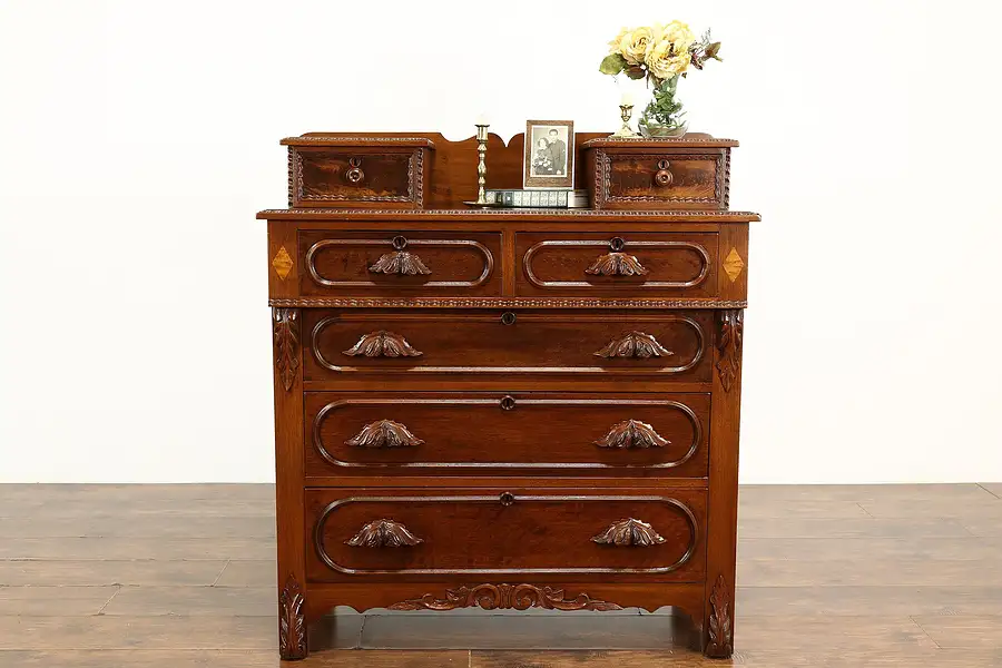 Main image of Victorian Walnut Antique Chest or Dresser, Jewelry Drawers Carve Pulls