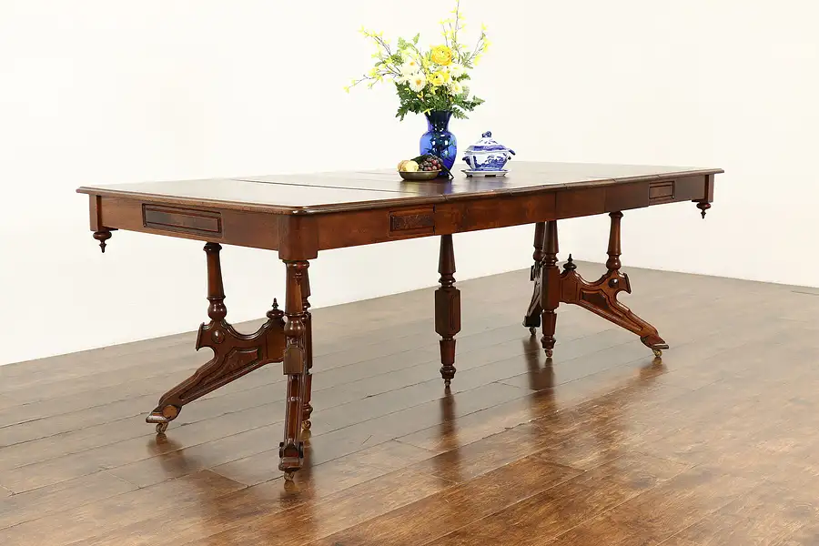 Main image of Victorian Eastlake Antique Walnut & Burl 42" Dining Table, Extends 7'